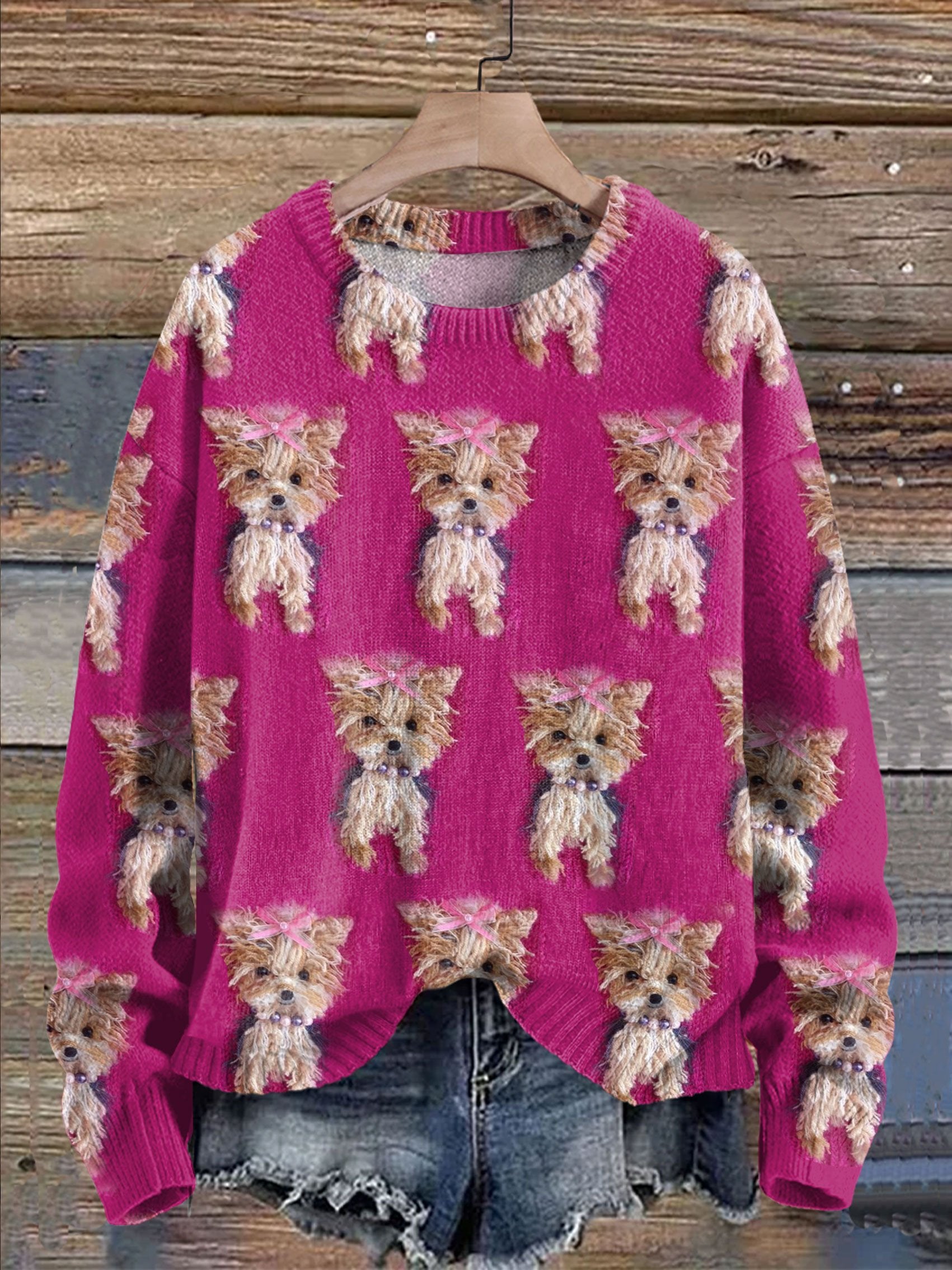 Cute Dog Print Knit Pullover Sweater