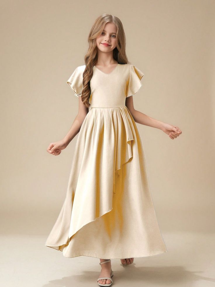 Dreamy Short Sleeves Pleated V-Neck Ankle Length Junior Bridesmaid Dress JB003