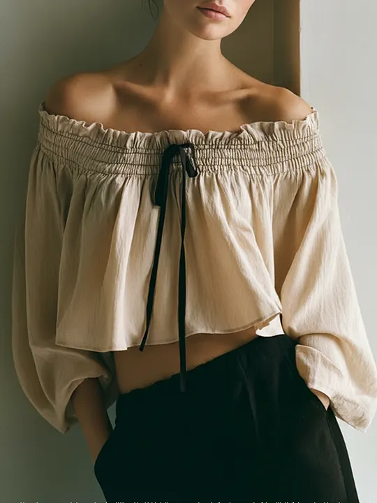 Women's Casual Beige Cotton-Linen Off-Shoulder Crop Top With Long Balloon Sleeves MD