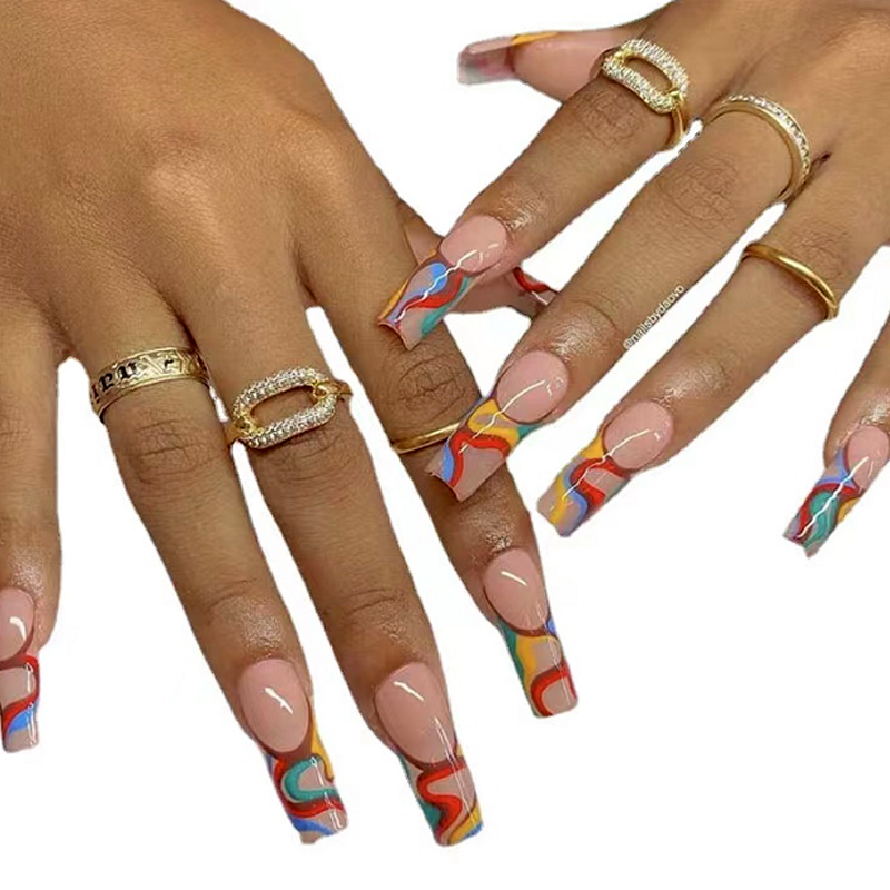 Churchf Streak French Fake Nails Rainbow Colorful Ballet Long Coffin False Nails Full Cover Tips