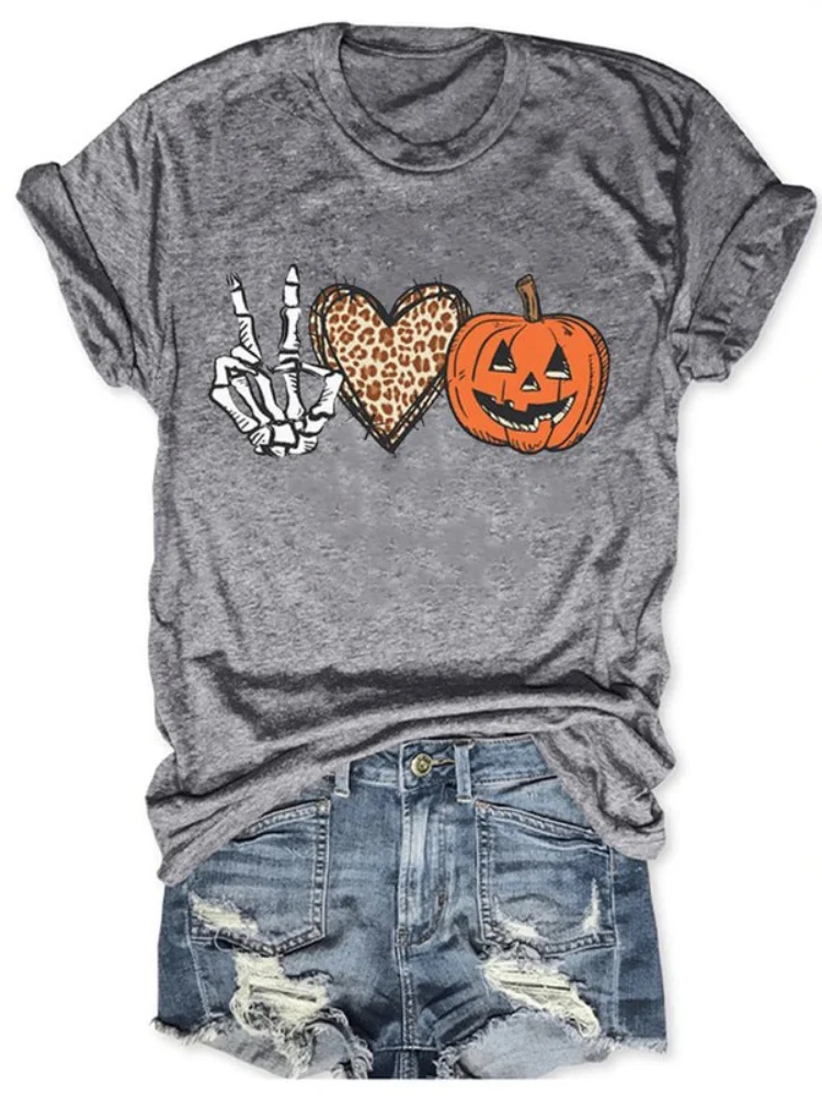 Halloween Skull Hand Heart Pumpkin Print Crew Neck Casual T-Shirt