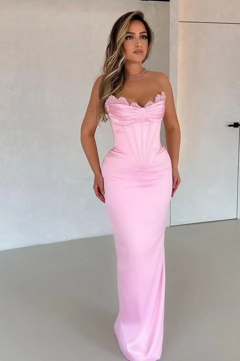 Lussooy Exquisite Pink Satin Sweetheart Beaded Sleeveless Slim Prom Dress
