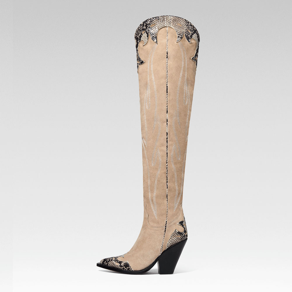 Nude Vegan Suede Pointy Toe Python Embossed Western Thigh High Boots