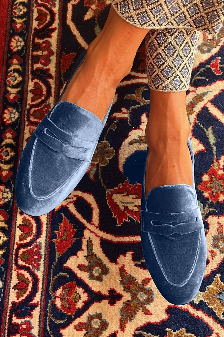 Velvet Patchwork Stitch Detail Slip On Blue Loafers