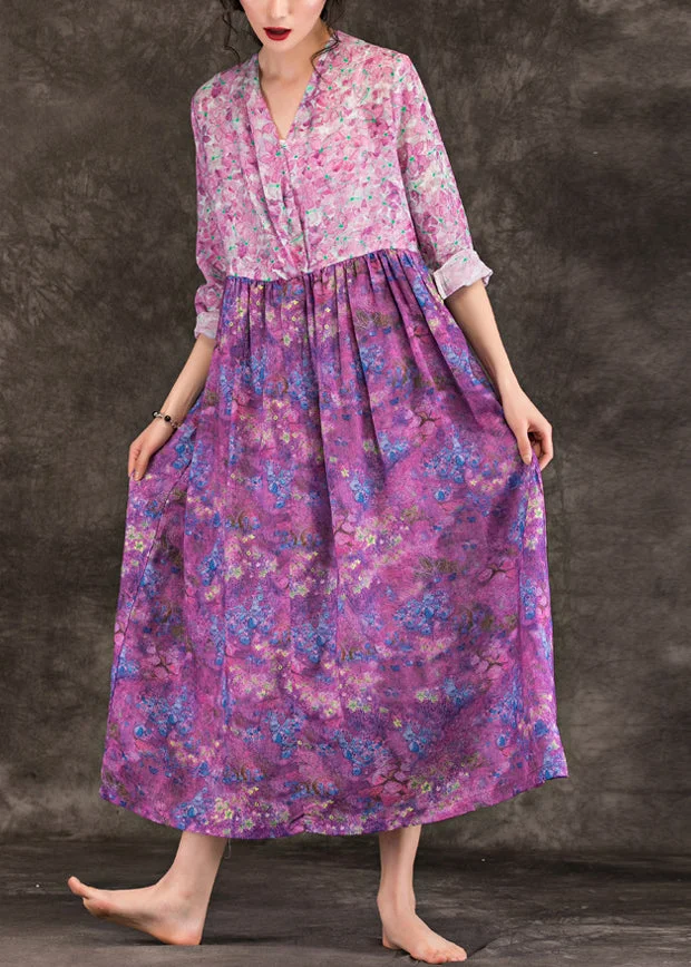 Women purple print linen dresses fine v neck patchwork loose spring Dresses