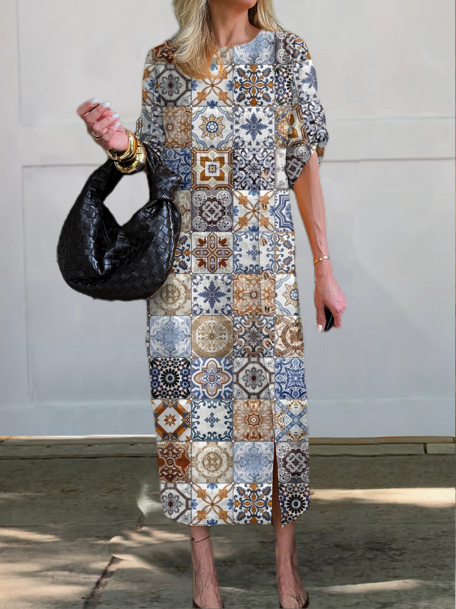 Vintage Patchwork Pattern Printed Women's V-Neck Button Pocket Cotton Dress