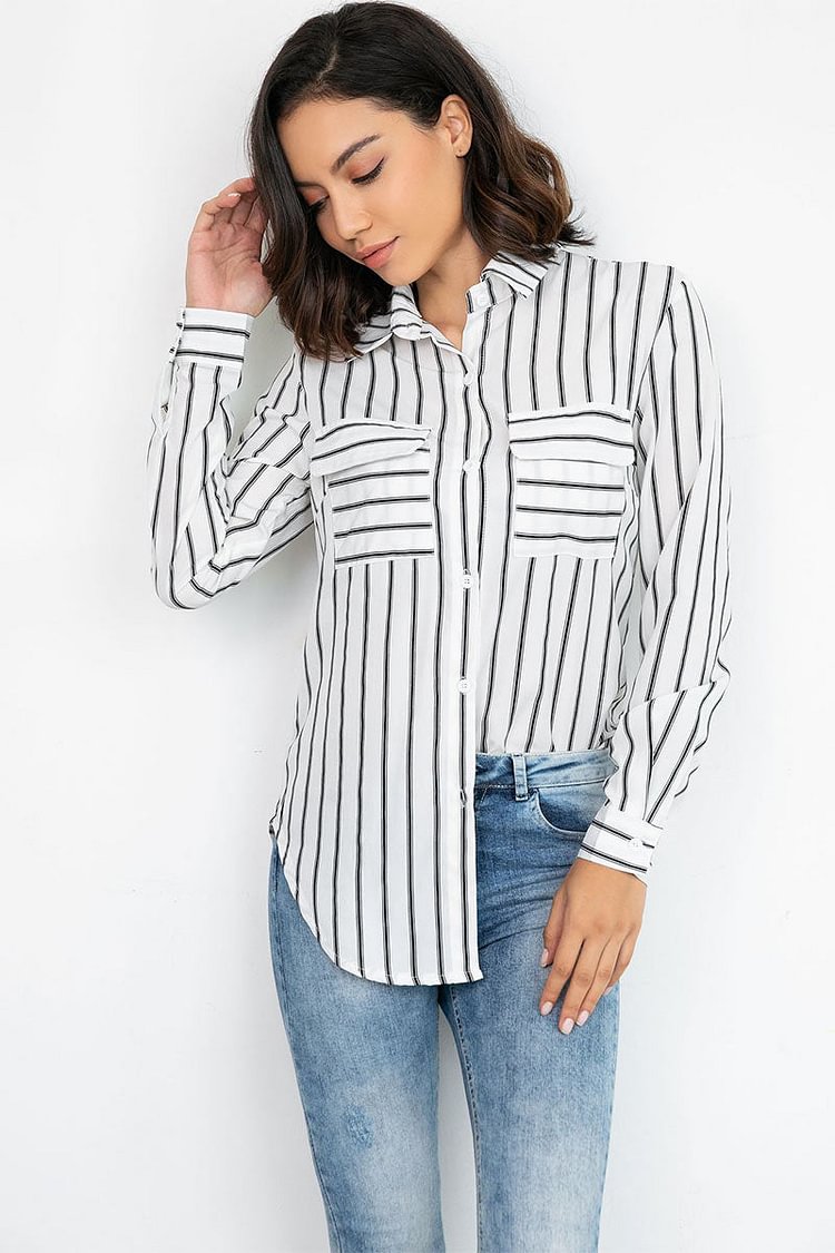 Vertical Striped Single Breasted Fitted Blouse - Shop Trendy Women's Clothing | LoverChic