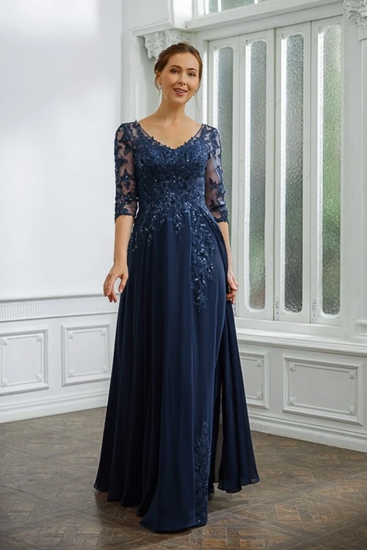 Daisda 3/4 Sleeves V-Neck Long A-Line Embroidery Chiffon Mother Of The Bride Dress With Pleated