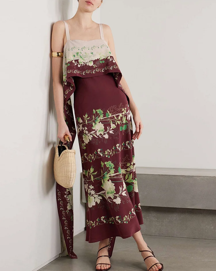 Draped floral-print silk crepe de chine midi dress