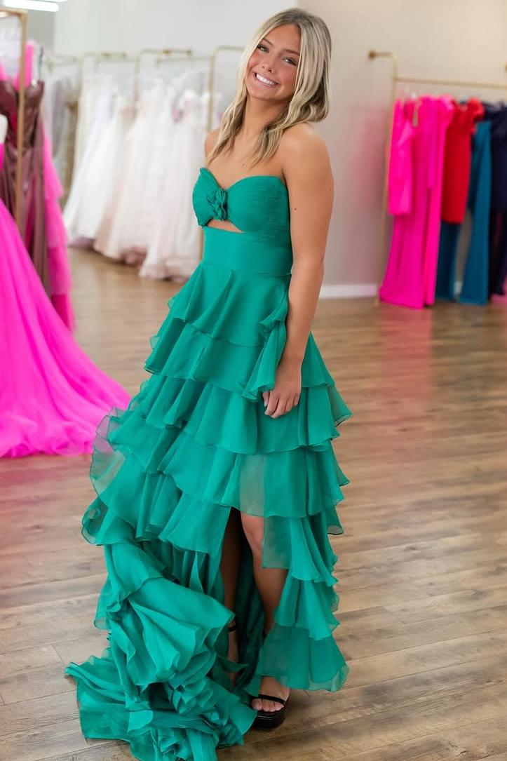 Lvs&Broner Strapless Sleeveless Long Split Prom Dress With Pleated Ruffles