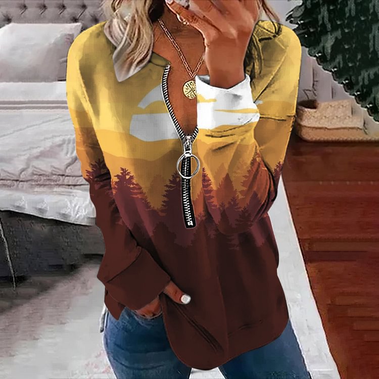 VChics Vintage Forest Print Zipped Sweatshirt
