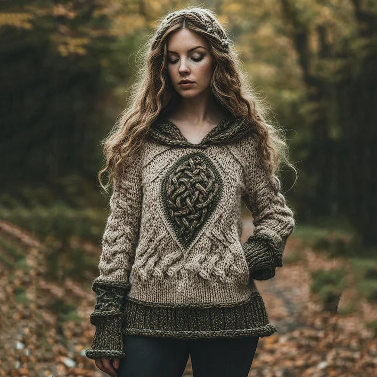 Women's Irish Celtic Knot Jacquard Top Hooded Sweater