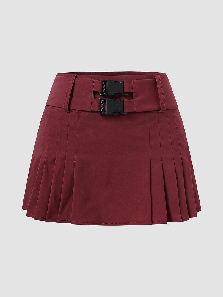 Solid Color Pleated Button Front Casual Skirts