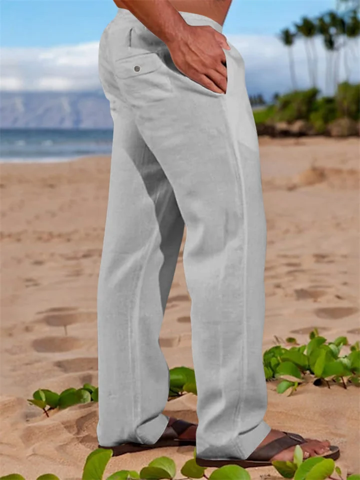 Men's Linen Pants Trousers Summer Pants Beach Pants Drawstring Elastic Waist Straight Leg Plain Comfort Outdoor Casual Daily Linen / Cotton Blend Basic Streetwear Black White-JRSEE