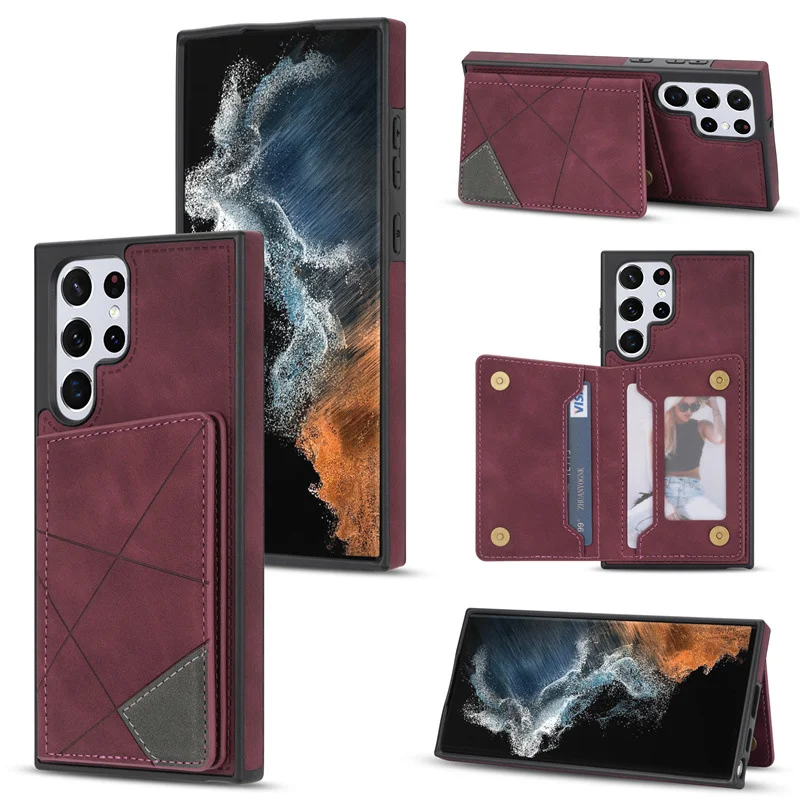 Luxury Embossed Leather Phone Case With 2 Cards Wallet And Kickstand For Galaxy S22/S22+/S22 Ultra/S23/S23+/S23 Ultra