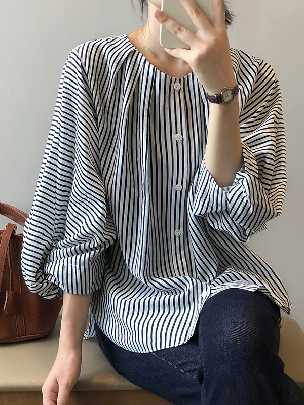 Trendy Tops Three-Quarter Sleeves Batwing Sleeves Striped Round-Neck Blouses