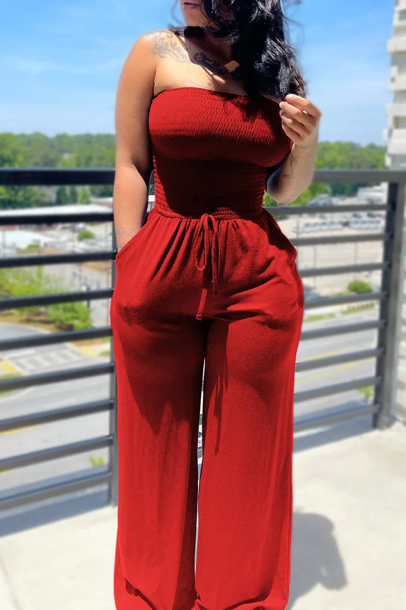 Sexy Casual Solid Backless Strapless Regular Jumpsuits