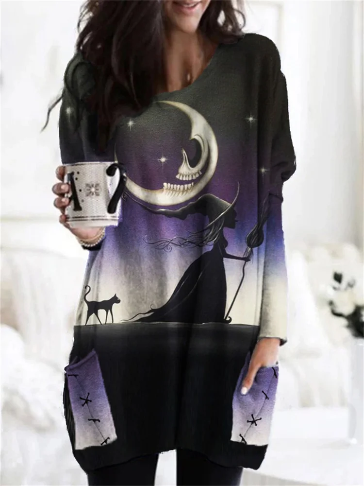 Vefave Halloween Spooky Night Witch Patch Pocket Tunic