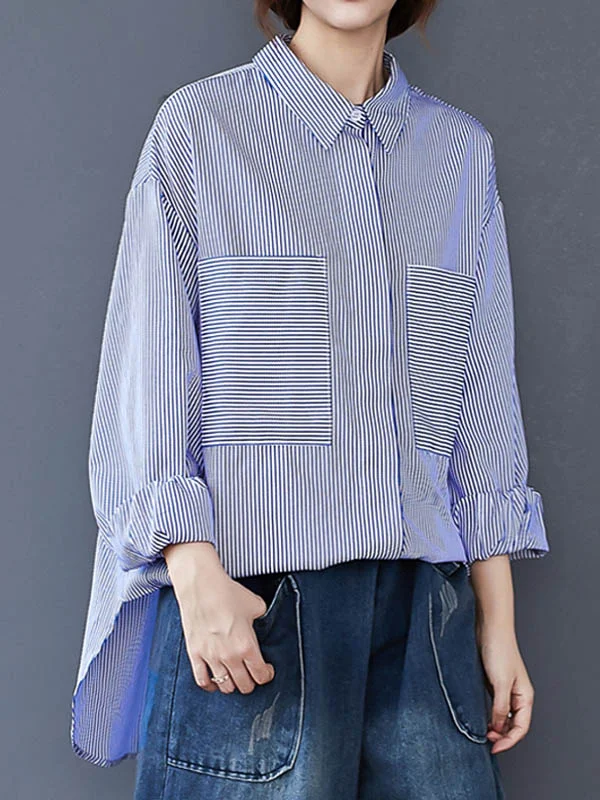 Loose Casual Striped Split-Joint With Pocket Lapel Collar Long Sleeves Blouse