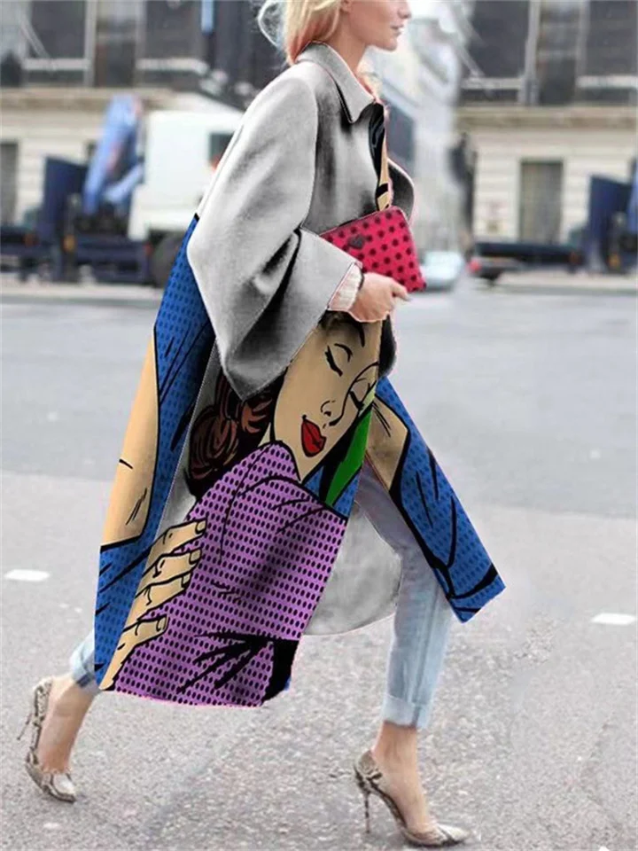 New Fall Temperament Commuter Women's Long-sleeved Lapel Coat Printed Tweed Urban Wind Loose Type Coat