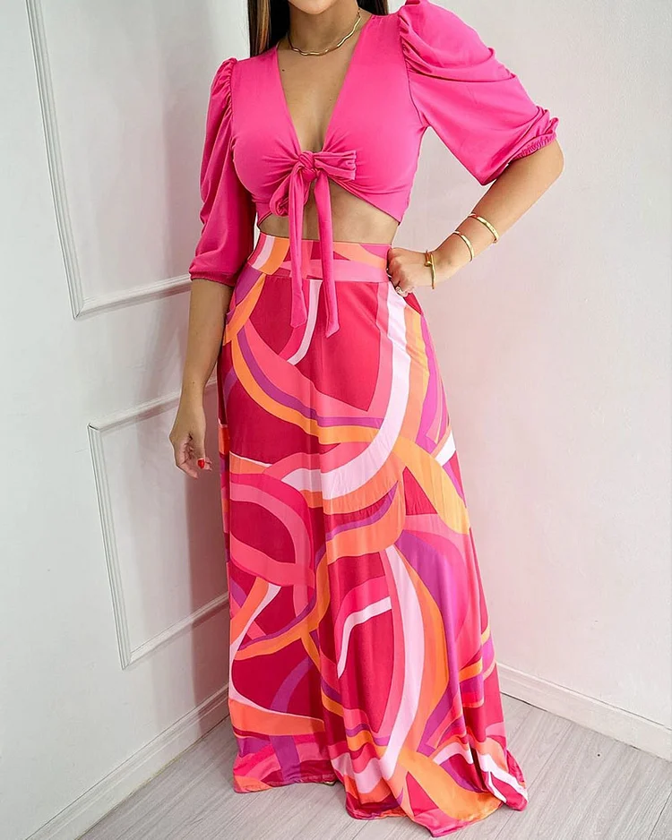 Casual Lace Top & Printed Skirt Two-Piece Set