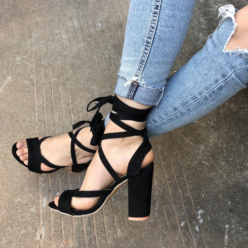 VCSHOES Open Toe Ankle Wraps Lace Up Chunky Heels Sandals