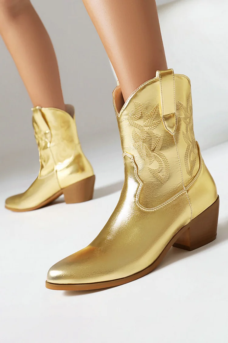 Glossy Leather Embroidery V Groove Pointy Toe Chelsea Boots