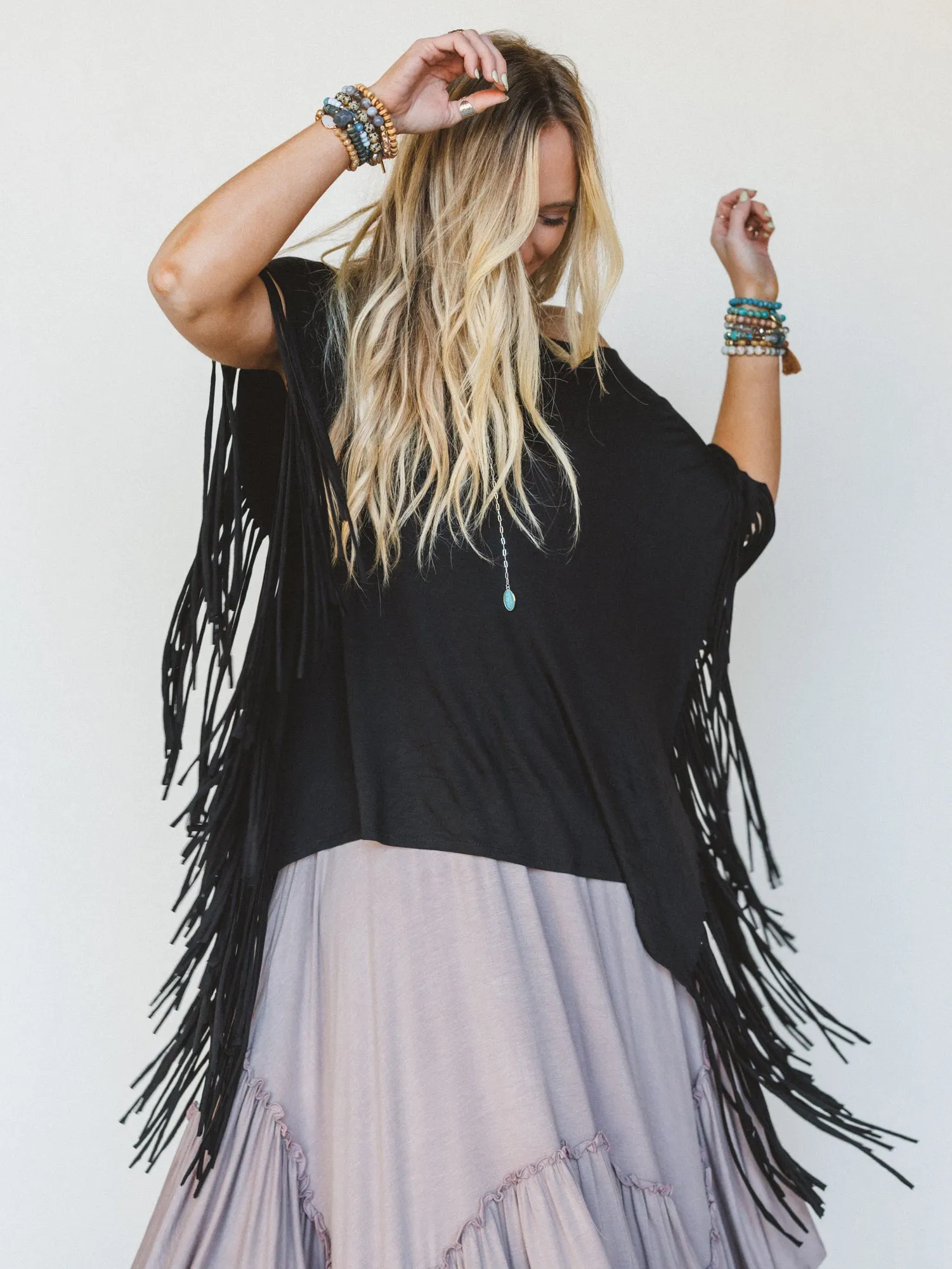 The Nest Showstopper Fringe Top - Black
