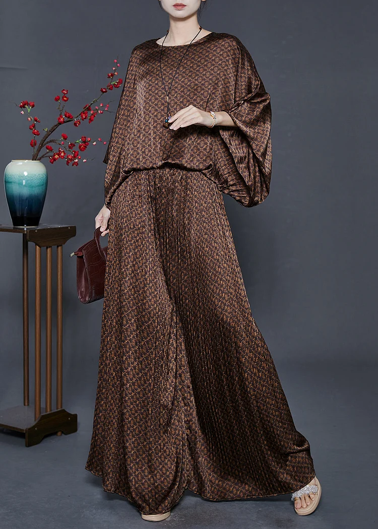 Brown Print Silk Two Pieces Set Oversized Batwing Sleeve