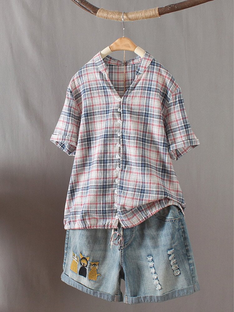 Plaid Short Sleeve V neck Pleated Button Casual Blouse P1691554
