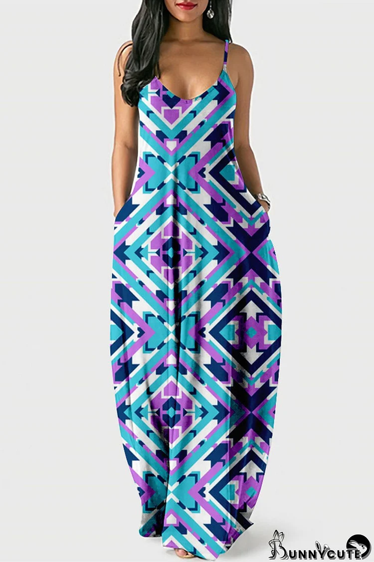 Purplish Blue Casual Street Print U Neck Lantern Skirt Dresses
