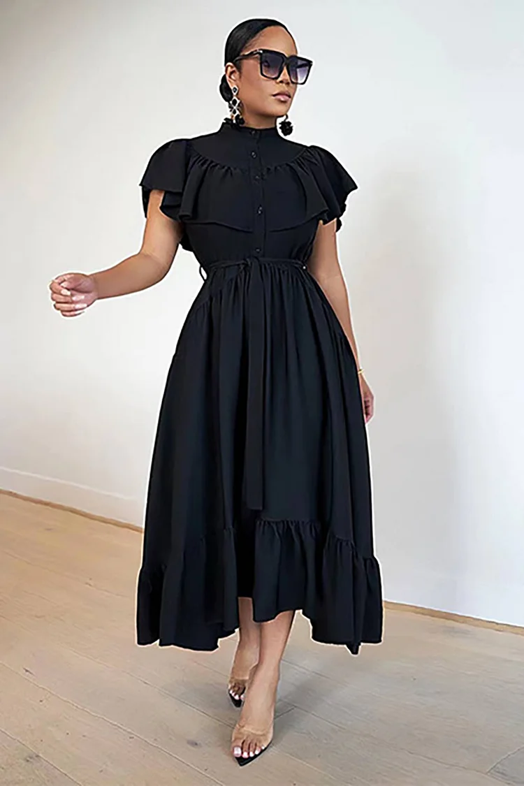 Stand Collar Asymmetric Ruffled Flutter Sleeve A-Line Pleated Elegant Midi Dresses