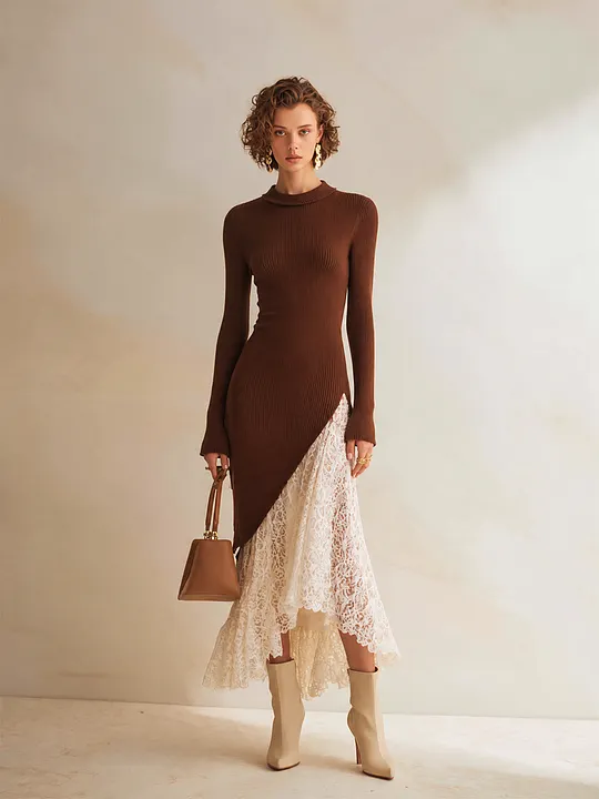 Women's Elegant Ribbed-Knit Turtleneck Long-Sleeve Lace-Paneled Asymmetric Midi Dress MD