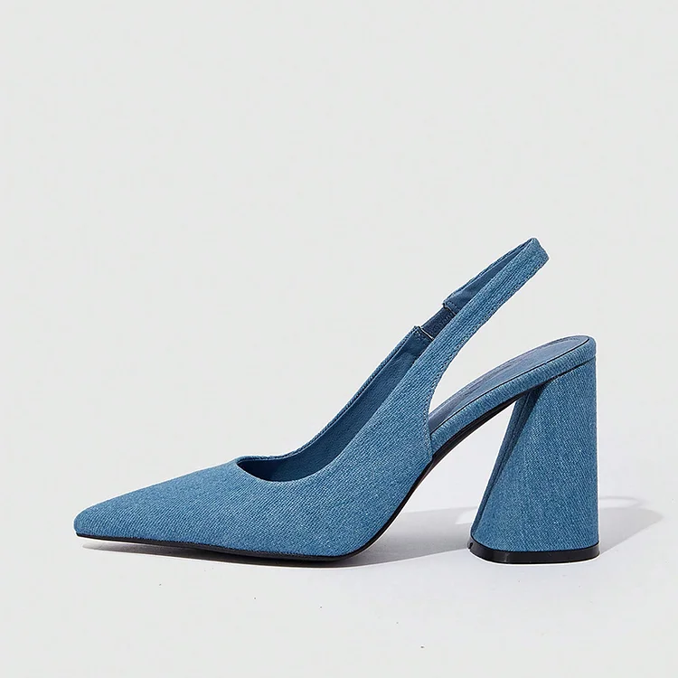 Blue Pointy Toe Denim Shoes Classic Slingback Chunky Heels Vintage Buckle Pumps |FSJ Shoes