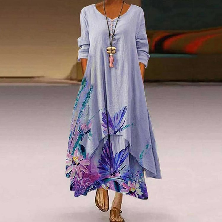Casual Butterfly Print Irregular Midi Dress