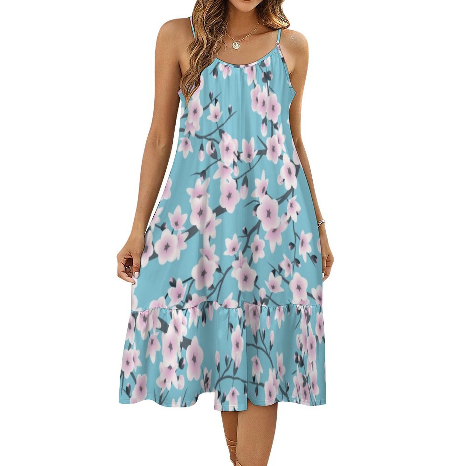 Floral Cherry Blossoms Pink Blue Women's Summer Midi Dress Casual Boho Sleeveless Spaghetti Strap Beach Dresses Pink-M