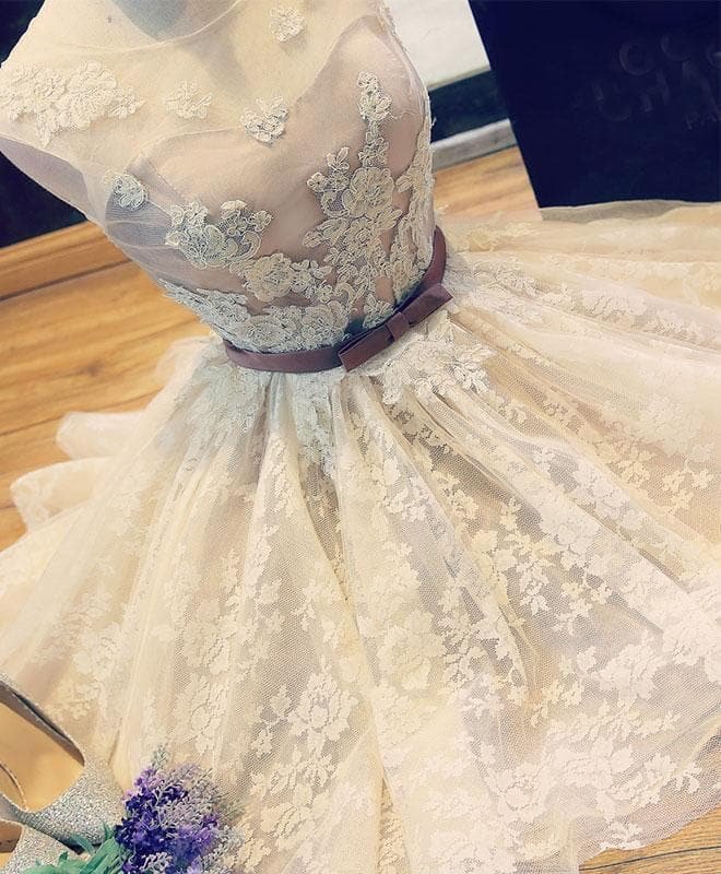 Cute Champagne Lace Short Prom Dress