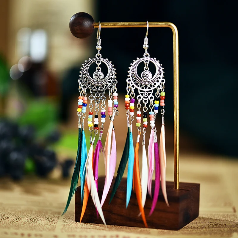 Colorful beads feather retro hollow tassel earrings
