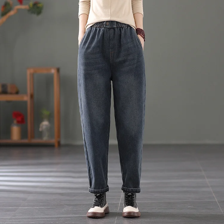 Simple Solid Color Elastic Waist Jeans
