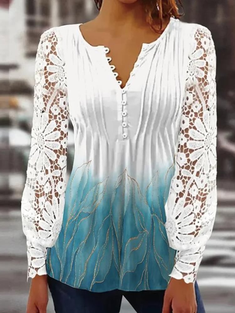 Comstylish Blue Gradient Floral Art Lace Sleeve Button T-shirt