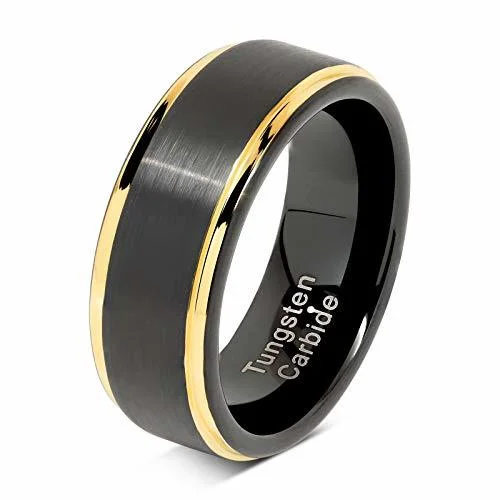 Women's Or Men's Tungsten Carbide Wedding Band Rings,14K Yellow Gold and Black Tungsten Carbide Ring,Side Stripes High Polish Comfort Fit With Mens And Womens For Width 6MM 8MM 10MM