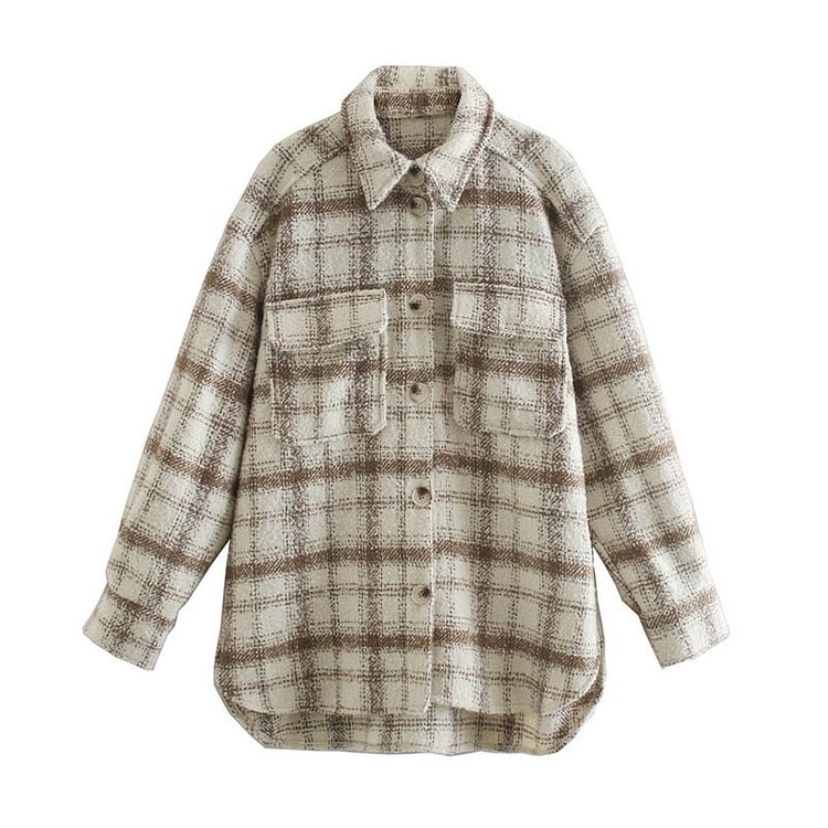 Evfer Women Autumn Winter Fashion Plaid Khaki Thick Coats Overshirt Female Stylish Pockets Plaid Long Jackets Overisze Outwear - BlackFridayBuys