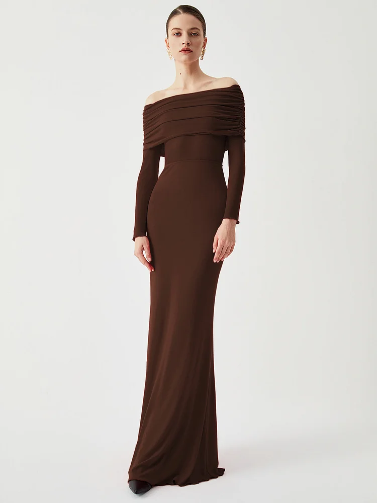Overfold Off-Shoulder Mesh Long Sleeve Long Dress QueenFunky