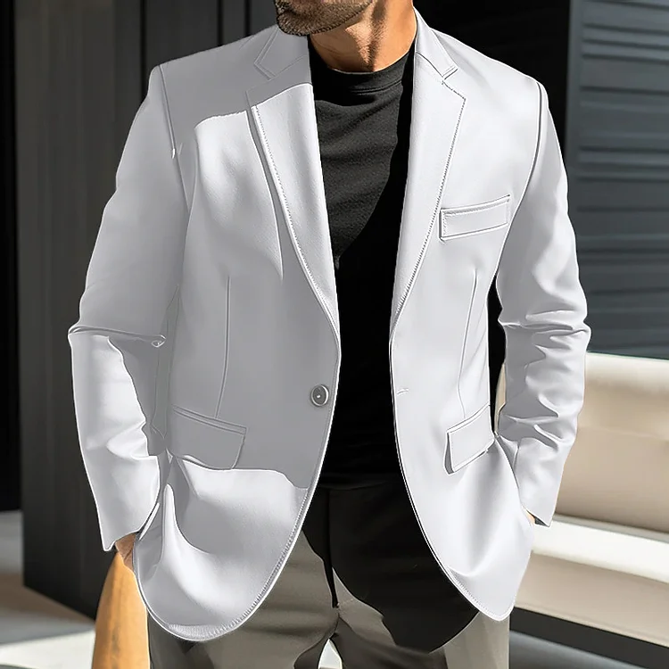 Men's Business Casual PU Leather Plain Notch Lapel Chest Pocket Single Breasted Long Sleeve Blazer