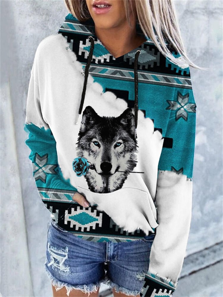 VChics Wolf Graphic Western Aztec Print Hoodie
