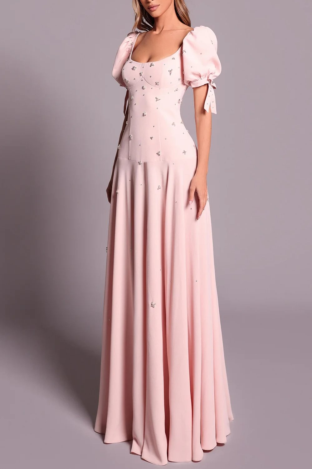 Lussooy Backless Pink Square Puff Sleeves Evening Dress Column Floor Length with Beading