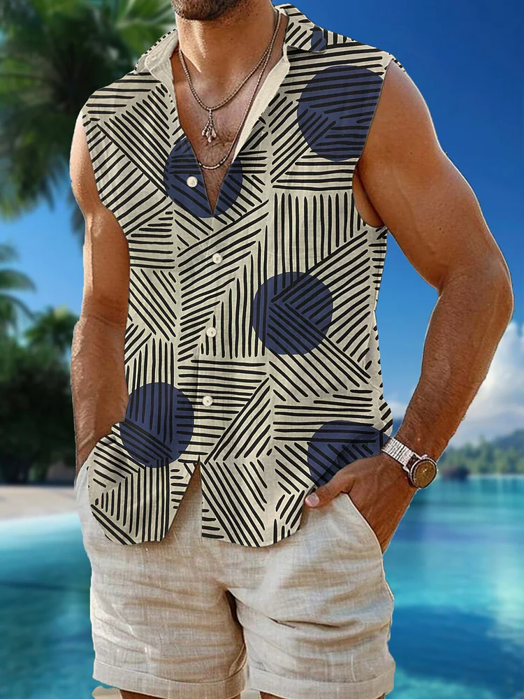 Men's Geometric Art Stripes All Over Print Sleeveless Shirt