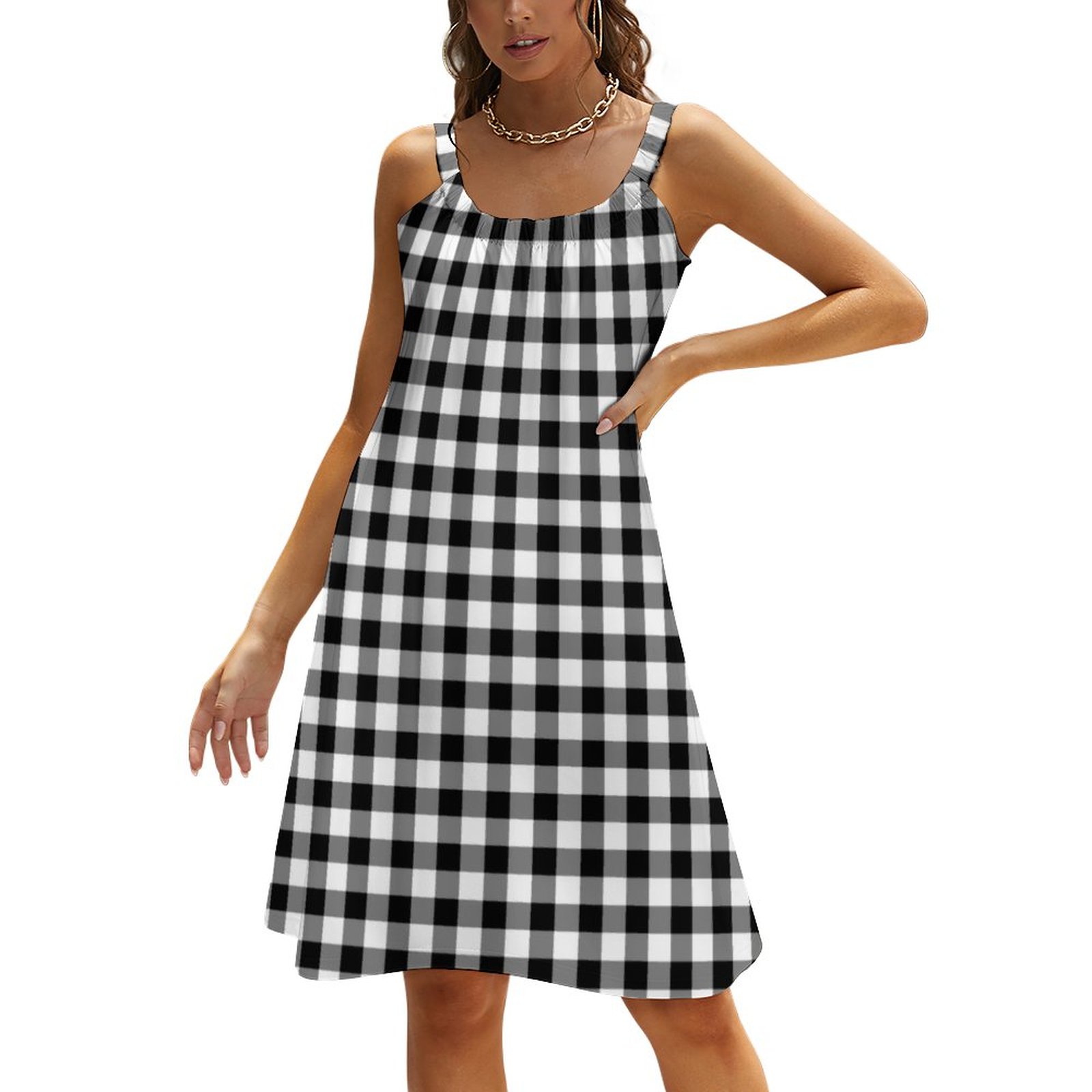 Black White Checkered Gingham Plaid Pattern Summer Hawaiian Beach Retro Dresses Casual Sling Sleeveless Printed Knee Length Dress Black & White-4XL Black White Checkered Gingham Plaid Pattern Summer Hawaiian Beach Retro Dresses Casual Sling Sleeveless Printed Knee Length Dress Black & White-4XL