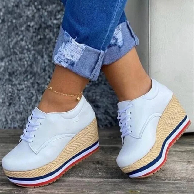 PU Solid Color Wedges Lace-up Braided Edge Casual Platform Shoes Women's Single Shoes 2022New Fashion All-match Increase Shoes