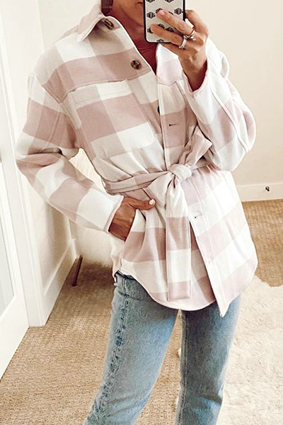 Elegant Plaid Pocket Buckle With Belt Turndown Collar Outerwear - Life is Beautiful for You - SheChoic